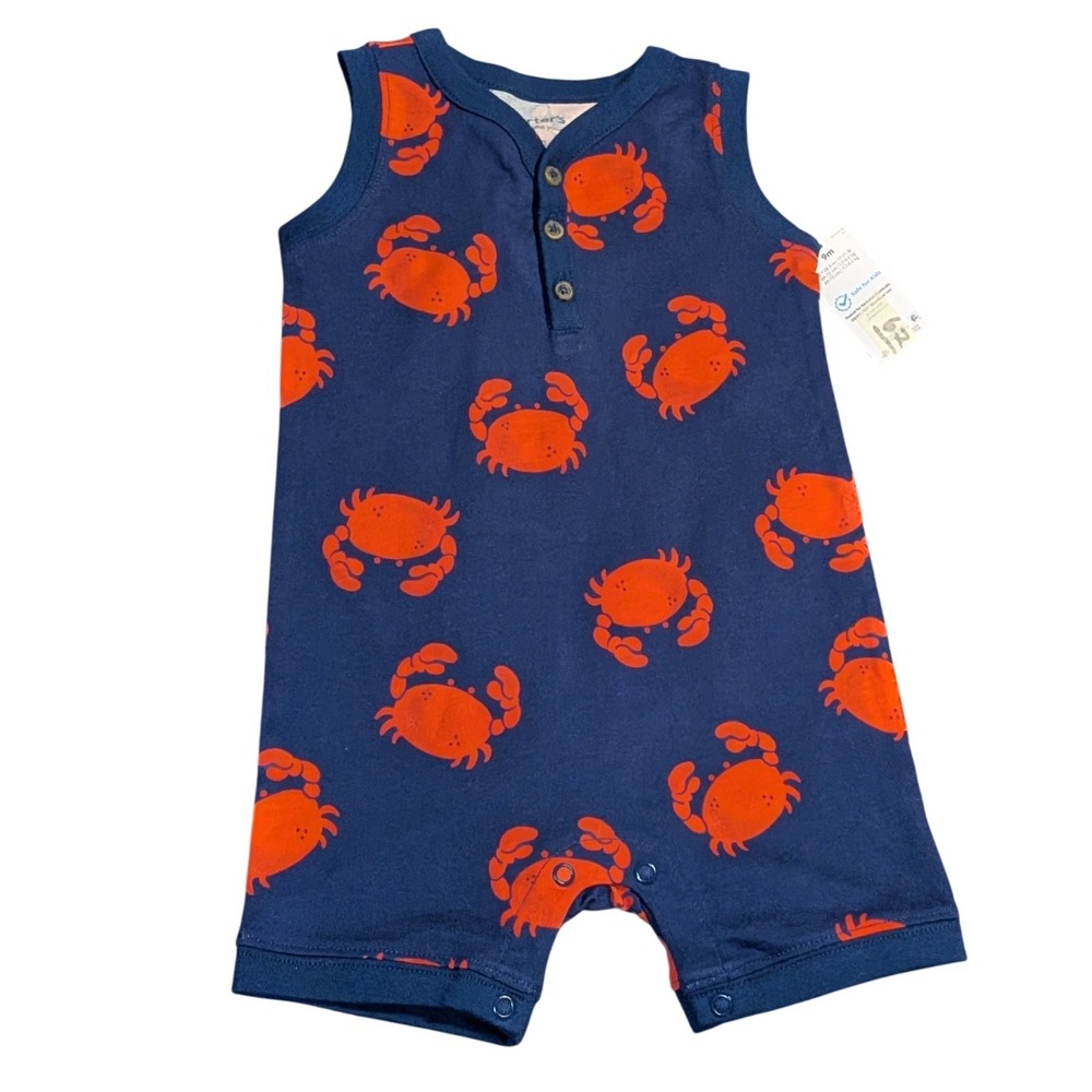 Carters Just One You Baby Boy Navy Blue Orange Crab Print Sleeveless Romper 9M